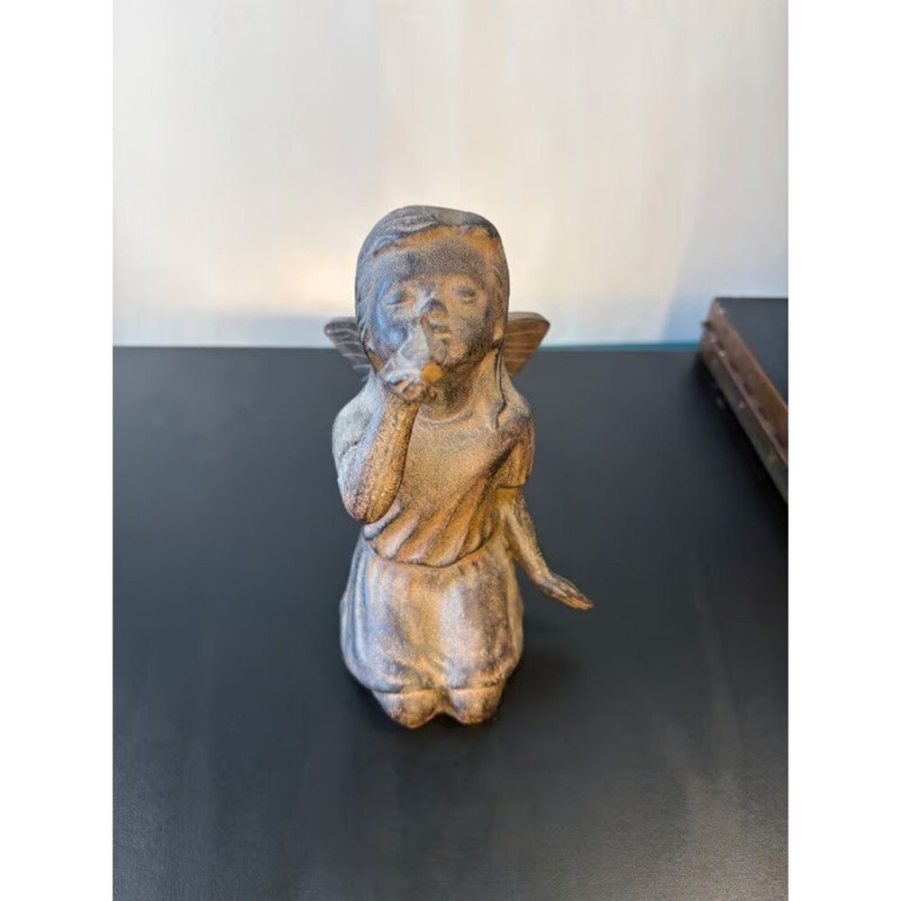 Cast Angel Figurine Kneeling Girl with Bird Garden Statue Antiqued Finish Winged